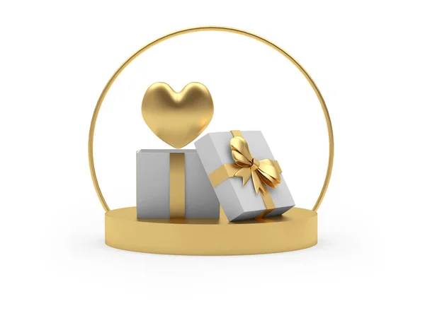 Goldenes Herz Einer Geschenkbox Auf Einem Podest Isoliert Auf Weißem — Stockfoto
