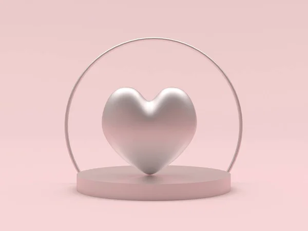 银色的心在粉红彩绘的基座平台上 3D说明 — 图库照片