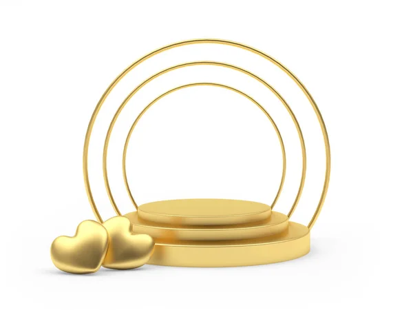 Pedestal Redondo Dourado Branco Com Dois Corações Perto Isolado Fundo — Fotografia de Stock