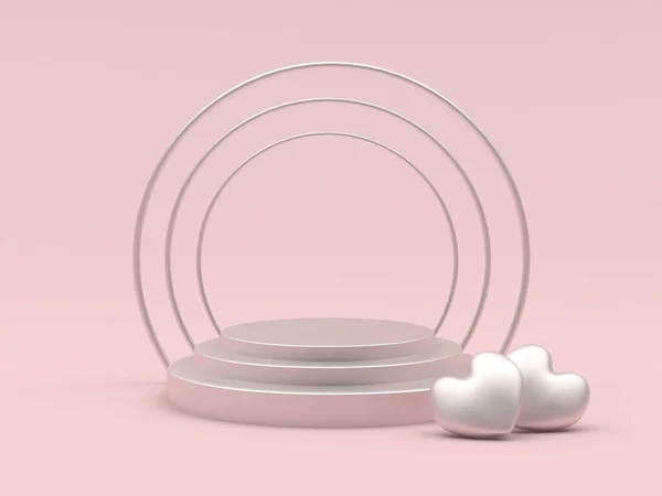 空荡荡的圆形讲台 两颗心接近粉红的彩绘 3D说明 — 图库照片