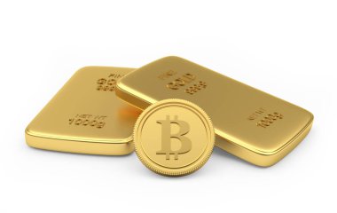 Beyaz arka planda iki altın külçeli Bitcoin para. 3d illüstrasyon