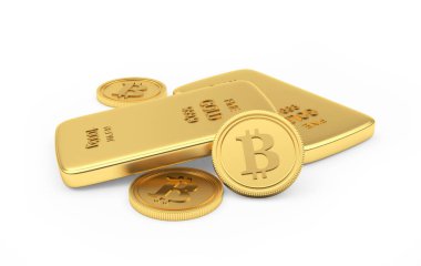 Beyaz arka planda iki altın külçeli bitcoin sikkeler. 3B illüstrasyon