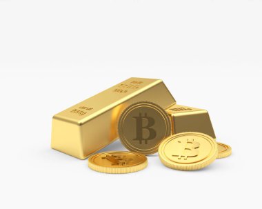 Beyaz arka planda izole edilmiş altın külçeli birkaç bitcoin. 3B illüstrasyon