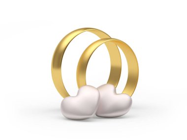 Beyaz arka planda izole edilmiş hassas kalpleri olan altın alyanslar. 3B illüstrasyon