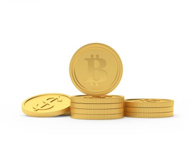 Bitcoin altın sikkeleri beyaz arka planda izole edilmiş bir yığın para üzerinde. 3d illüstrasyon