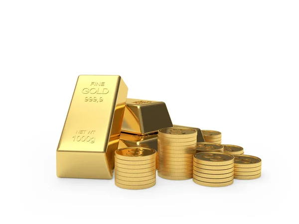 Stacks Bitcoin Coins Gold Bars Isolated White Background Illustration — Stock Photo, Image
