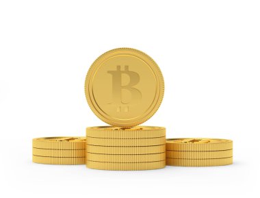 Beyaz arka planda izole edilmiş bir yığın altın para üzerinde bitcoin para. 3B illüstrasyon