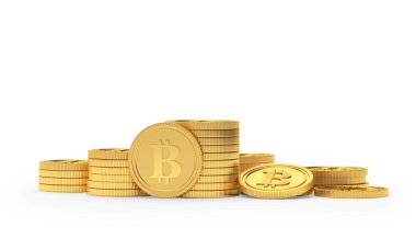 Bitcoin paraları beyaz arka planda izole edilmiş desteler halinde. 3B illüstrasyon