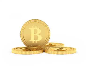 Beyaz arka planda izole edilmiş birkaç altın bitcoin para. 3d illüstrasyon