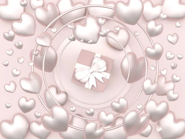 一套精致的心 有一个礼品盒 在圆圆的中心是粉红色的彩绘 3D说明 — 图库照片
