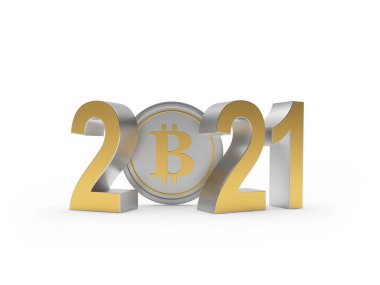 Altın sayılar 2021 bitcoin para ile beyaz arka planda izole. 3B illüstrasyon