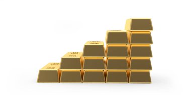 Adımlar halinde altın külçeleri ya da beyaz arkaplanda izole edilmiş grafikler. 3B illüstrasyon