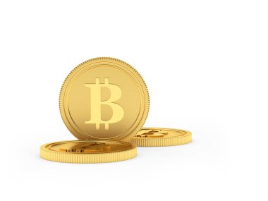Beyaz arka planda izole edilmiş birkaç altın bitcoin para. 3d illüstrasyon