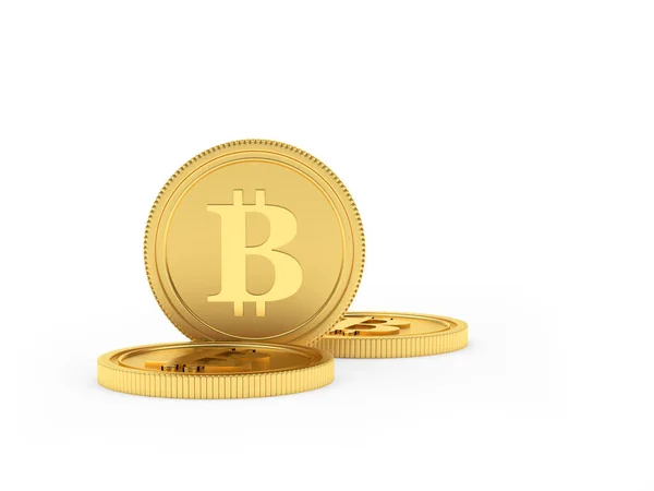 Diverse Monete Bitcoin Oro Isolate Uno Sfondo Bianco Illustrazione — Foto Stock