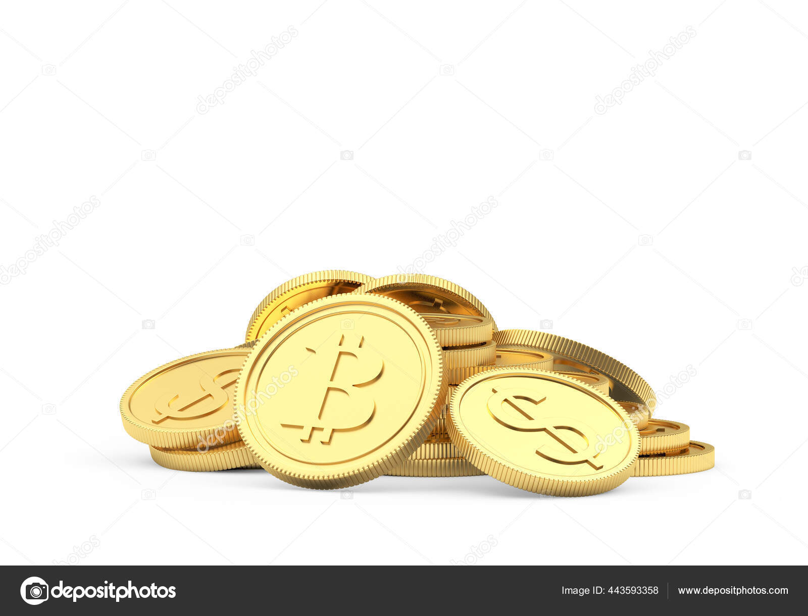 大量的黄金比特币和美元硬币作为底座与白色背景隔离3D说明——图库图片© ravitaliyv #443593358