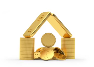 Bozuk paraların ve altın külçelerin simgesi. Beyaz arka planda birkaç dolar ve bitcoin para var. 3B illüstrasyon