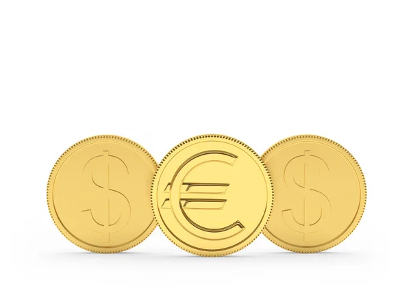 Dólar Ouro Moedas Euro Isoladas Sobre Fundo Branco Ilustração — Fotografia de Stock