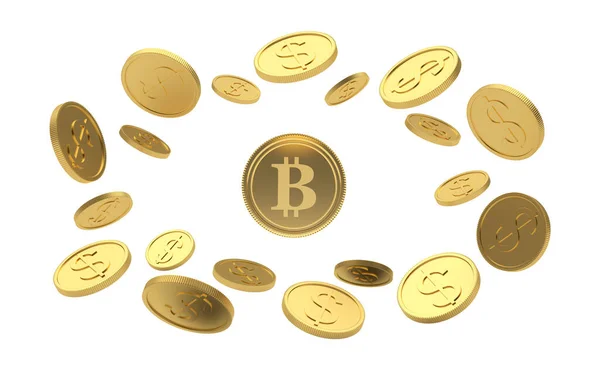 Bitcoin Oro Círculo Monedas Dólar Aisladas Sobre Fondo Blanco Ilustración — Foto de Stock