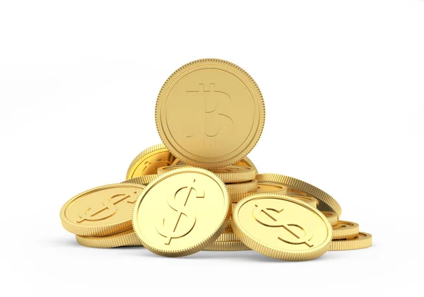 Bitcoin Hromadě Zlatých Dolarů Mince Izolované Bílém Pozadí Ilustrace — Stock fotografie