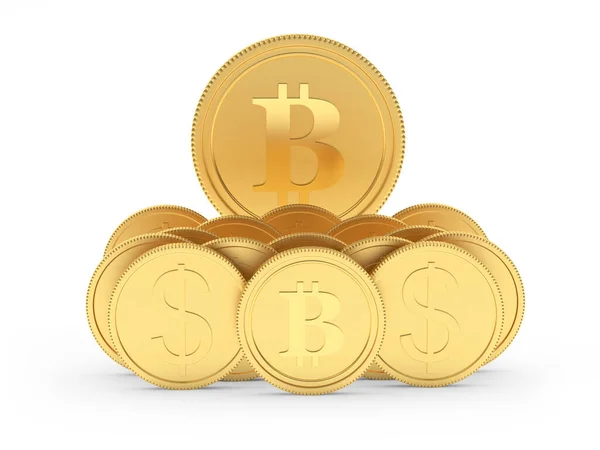 Set Monete Oro Dollaro Bitcoin Isolato Sfondo Bianco Illustrazione — Foto Stock