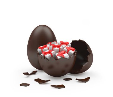 Beyaz arka planda çikolata parçalı yumurta kabuğu hediye kutuları. 3d illüstrasyon 