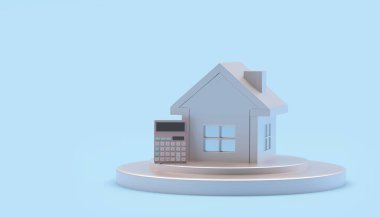 Pastel mavisi bir stantta hesap makinesi olan bir ev. 3B illüstrasyon 