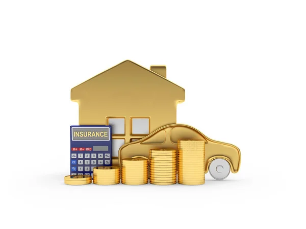 Gouden Huis Auto Pictogrammen Met Stapels Munten Verzekering Calculator Illustratie — Stockfoto