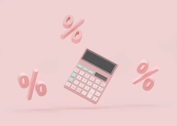 Calculator with percentage signs in pink pastel color. 3D illustration