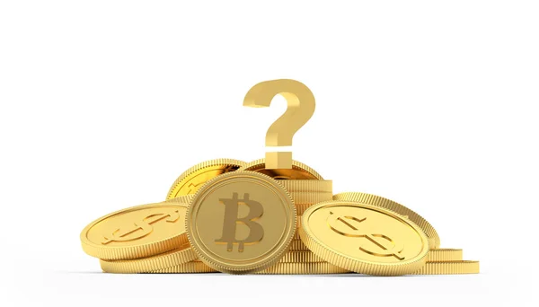 Montón Monedas Oro Dólar Bitcoin Con Signo Interrogación Aislado Sobre —  Fotos de Stock