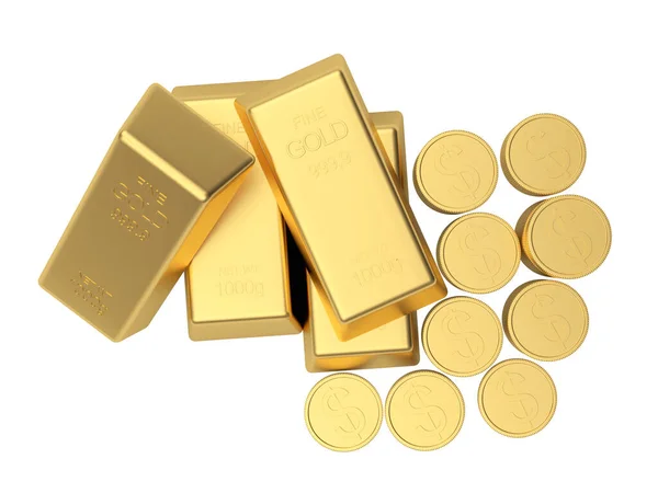 Goldbarren Und Münzen Auf Weißer Draufsicht Illustration — Stockfoto