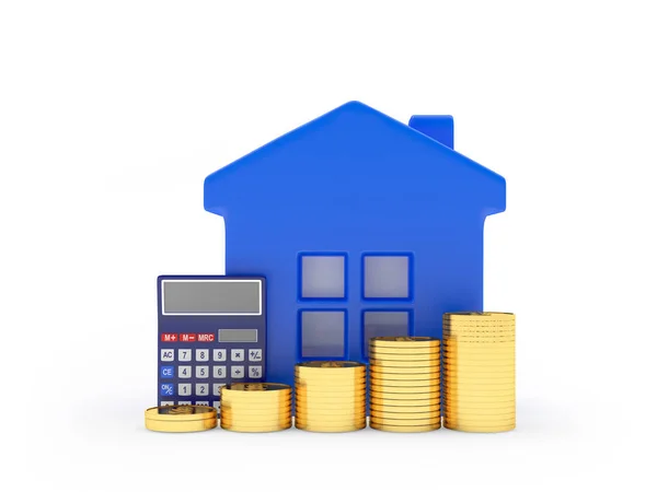 Blue House Icon Stacks Coins Calculator Isolated White Illustration — Stock Photo, Image