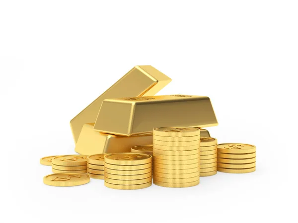 Hromada Zlatých Cihel Dolarových Mincí Izolovaných Bílém Pozadí Ilustrace — Stock fotografie