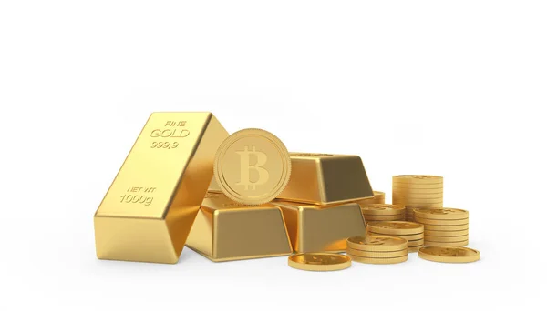Bitcoin Auf Einem Haufen Goldbarren Und Münzen Isoliert Auf Weißem — Stockfoto