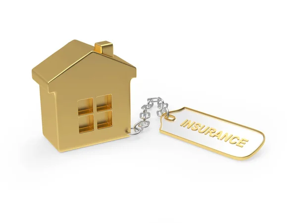 白い背景に隔離されたラベルにテキスト保険付きの黄金の家 3Dイラスト — ストック写真