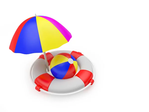 Strand Paraplu Bal Een Reddingsboei Een Witte Achtergrond Illustratie — Stockfoto