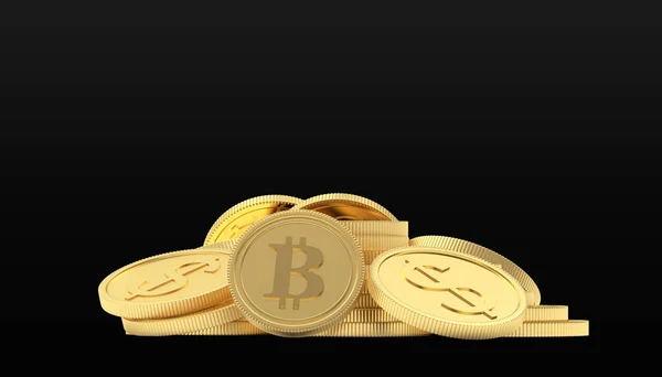 Haufen Golddollar Und Bitcoin Münzen Isoliert Auf Schwarzem Hintergrund Illustration — Stockfoto