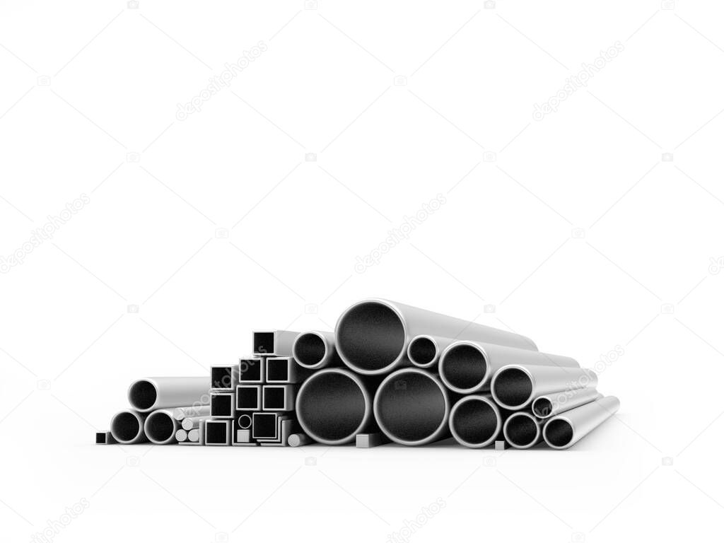 Heap of stacked various metal pipes isolated on white background. 3D illustration 
