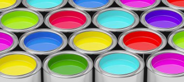 Açık metal boya kutularının renkli sıraları. 3B illüstrasyon 