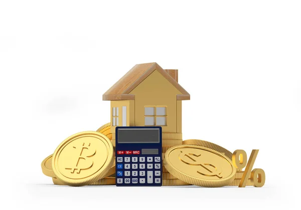 Ikona Domu Hromadě Dolaru Bitcoinů Kalkulačkou Znaménkem Procenta Ilustrace — Stock fotografie