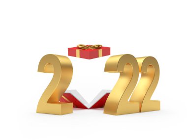 Altın numara 2022 ve açık bir hediye kutusu var. 3B illüstrasyon 