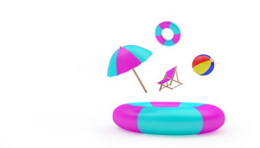 Güneş şamandıralı bir plaj şemsiyesi ve bir top büyük bir can simidine düşer. 3B illüstrasyon 