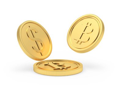 Bitcoin ve dolar paraları beyaz arka plana düşüyor. 3B illüstrasyon 