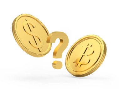 Bitcoin ve beyaz arka planda soru işareti olan dolar sikkeleri. 3B illüstrasyon 