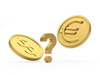 Beyaz arka planda soru işareti olan Euro ve dolar sikkeleri. 3B illüstrasyon 