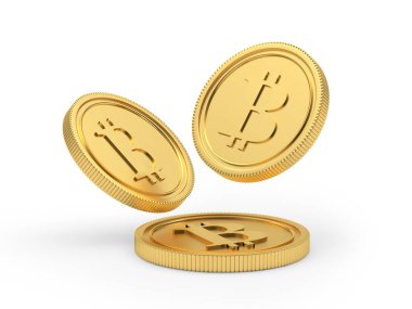 Bitcoin paraları beyaz arka plana düşüyor. 3B illüstrasyon 