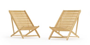 Beyaz arka planda izole edilmiş iki boş tahta iskemle. 3B illüstrasyon 