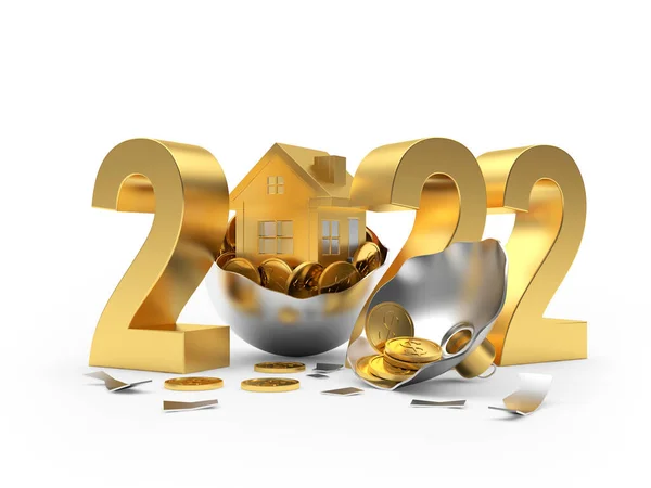 Número Oro 2022 Con Una Casa Monedas Una Bola Navidad — Foto de Stock