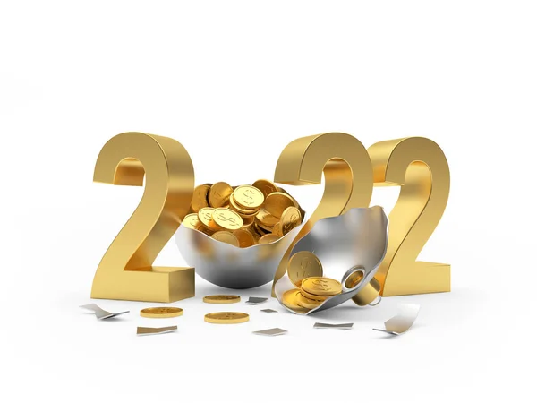 Золотой Номер 2022 Монетами Разбитом Рождественском Мяче Иллюстрация — стоковое фото