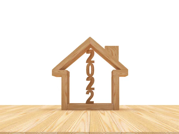 Иконка Деревянного Дома Номером 2022 Внутри Деревянной Поверхности Иллюстрация — стоковое фото