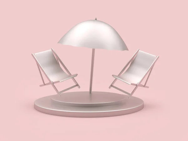 Два Серебряных Шезлонга Пляжным Зонтиком Подставке Розовом Фоне Иллюстрация — стоковое фото
